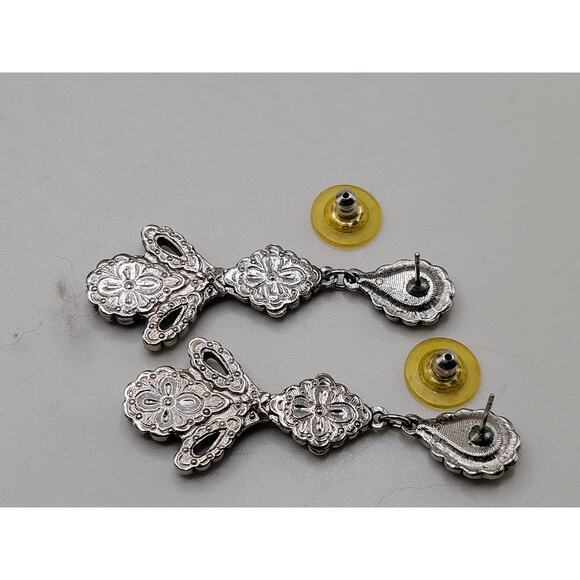 Turquoise Coral Cabochon Dangle Earrings Silver Tone Vintage Style - Picture 5 of 7